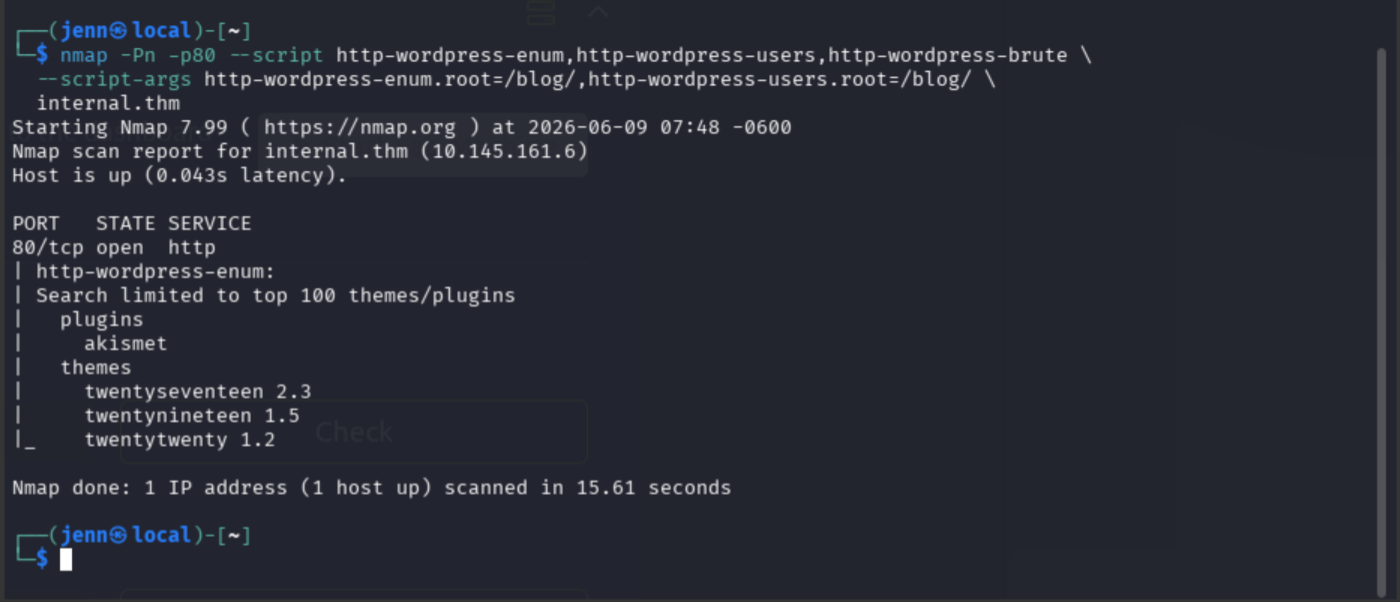Targeted nmap WordPress scan showing /blog/ path, akismet plugin, and installed themes